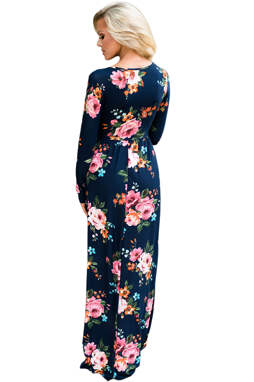 BY61772-5 Navy Floral Surplice Long Sleeve Maxi Boho Dress